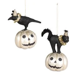 Bethany Lowe All Hallows Eve Crow & Cat On Pumpkin Ornaments New!