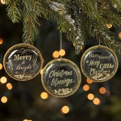 Bethany Lowe Black And Gold Christmas Greetings Dome Ornaments