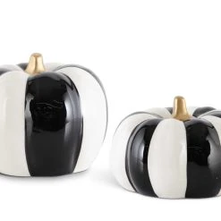 K&K Interiors Black & White Striped Pumpkins With Gold Stems New!