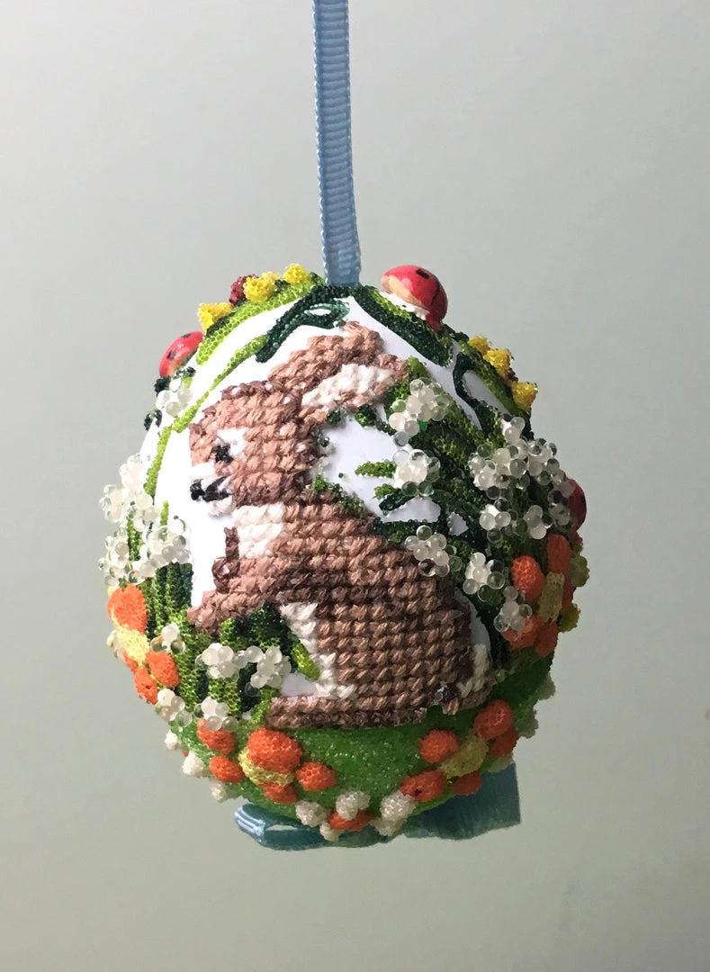 TheHolidayBarn.com Needlepoint Bunny Egg Ornament, Blue New!