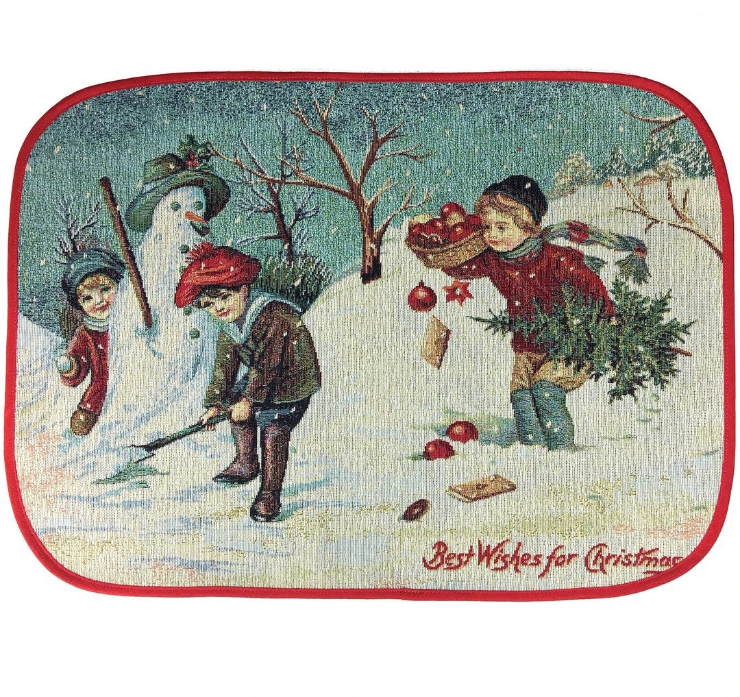 StiVoTex Christmas Winter Children With Snowman Tapestry Placemats - Set Of 6
