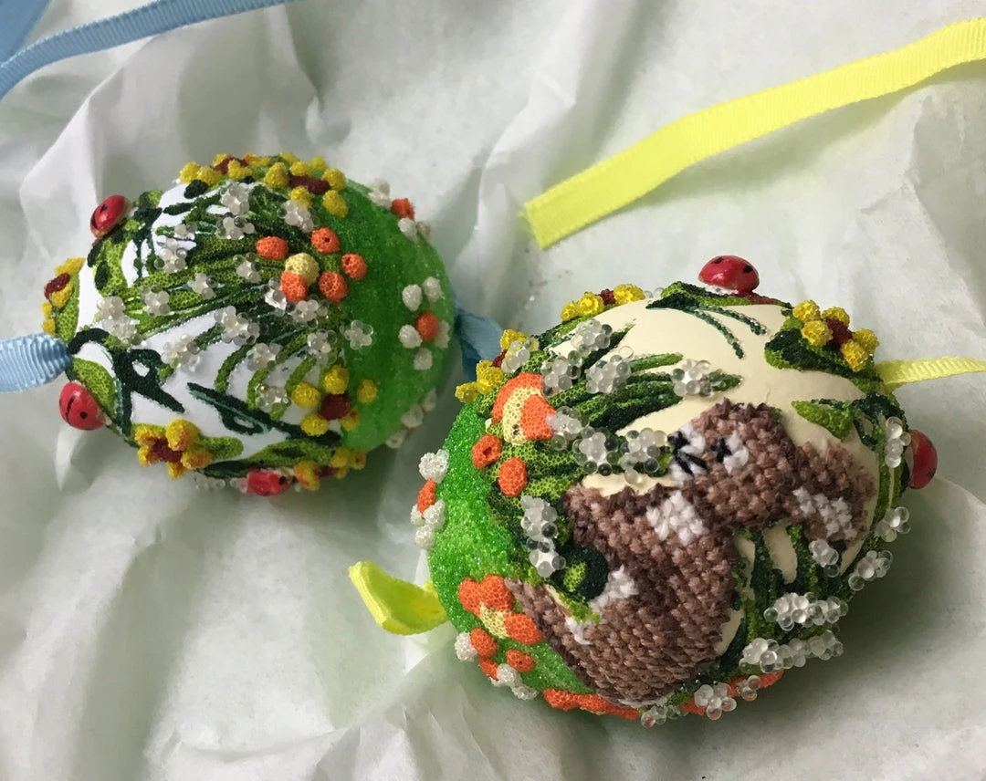 TheHolidayBarn.com Needlepoint Bunny Egg Ornament, Blue New!