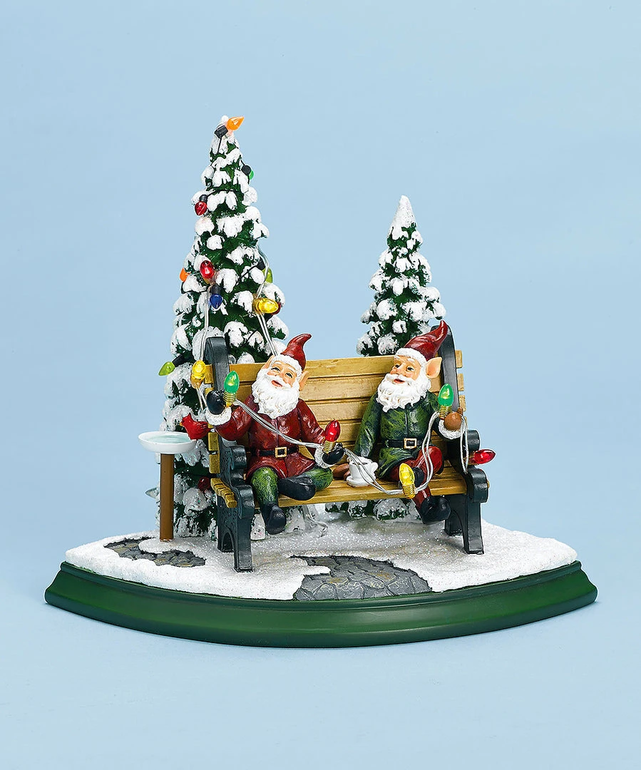 The Holiday Barn Christmas Music Boxes Elves On Bench Music Box