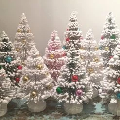 Cody Foster Snowy Flocked Bottle Brush Trees With Multi Color Balls New!