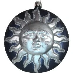 Old German Christmas Radiant Sun Glass Ornament, Blue And Silver