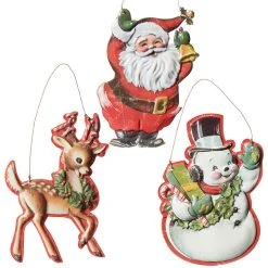 Raz Retro Christmas Tin Ornaments, Santa, Reindeer, Snowman