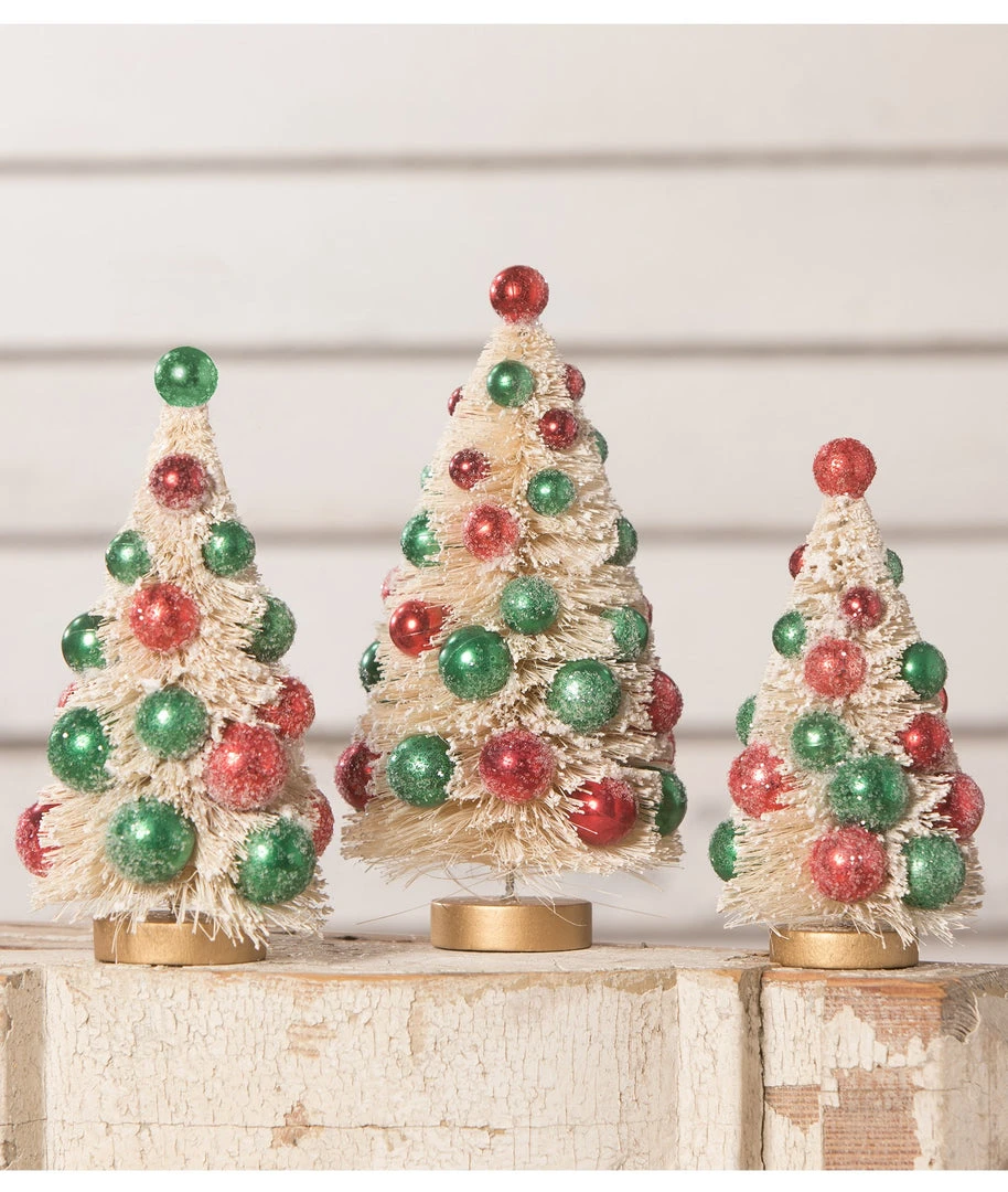 Bethany Lowe New! Jolly Bottle Brush Trees With Red And Green Balls