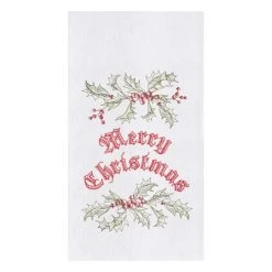 TheHolidayBarn.com New! Merry Christmas & Holly Embroidered Kitchen Towel