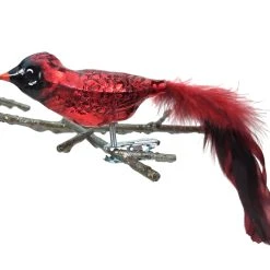 Old German Christmas Glass Red Cardinal Clip-On Ornament With Feathers