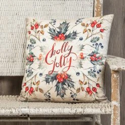 Ragon House New! Watercolor Holly Pillow, Slate Blue, Red & Ivory