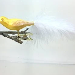 Old German Christmas Small Yellow Bird With White Feather Tail Ornament Clip
