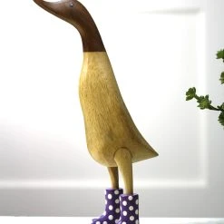 Dcuk New! Wooden Duck With Purple Welly Boots, Large