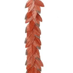 TheHolidayBarn.com Flocked Leaf Garland, Coral