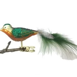 Old German Christmas Orange & Green Glitter Bird Clip With Feathers